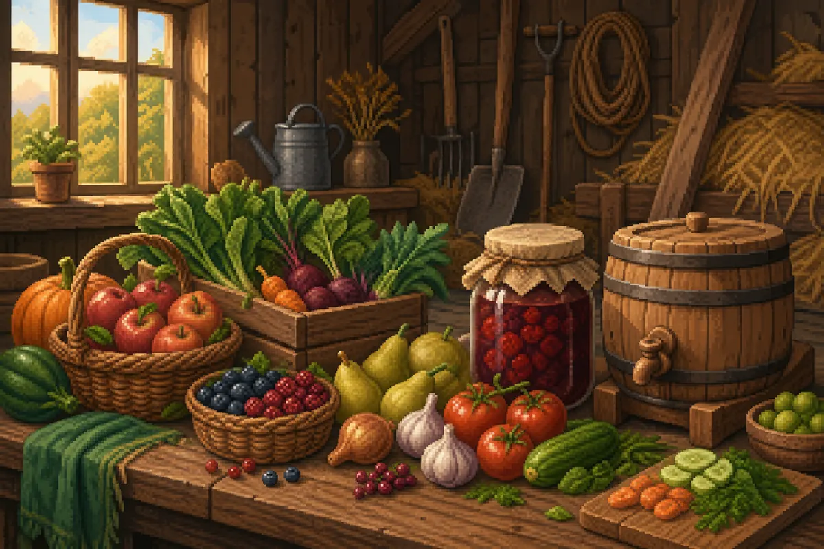 Editorial illustration of harvested crops beside a preserve jar and keg