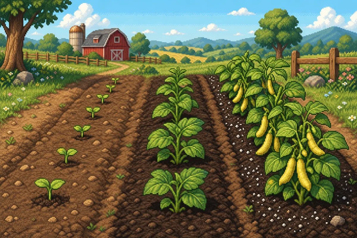 Editorial illustration showing crop growth stages and fertilized soil