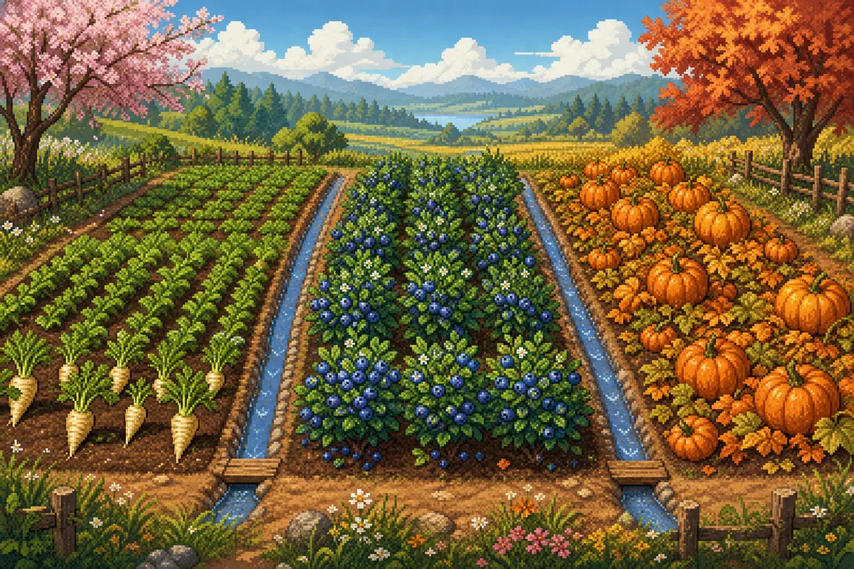 Editorial illustration of spring, summer, and fall crop plots for seasonal profit planning