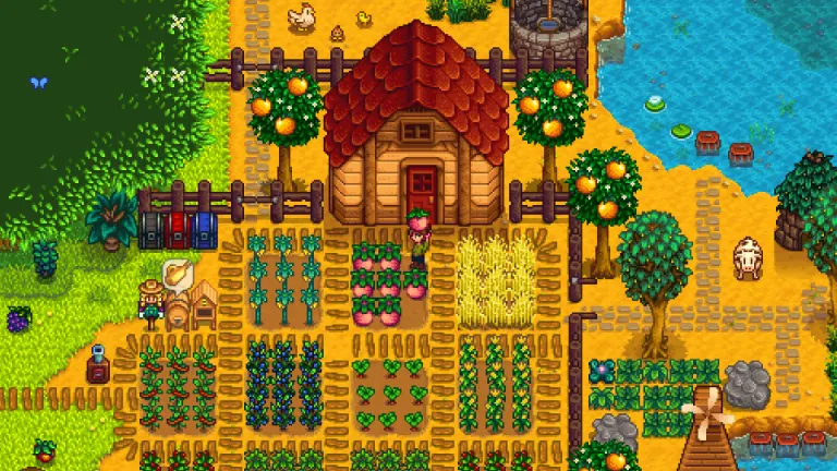 Official Stardew Valley farm screenshot showing a pond and crops