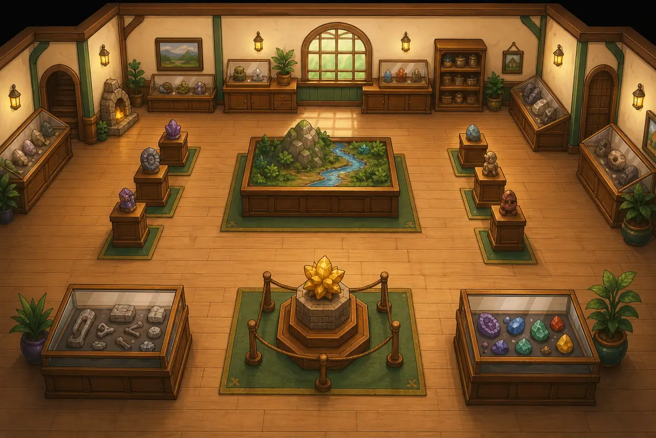 Editorial illustration of an organized Stardew Valley museum gallery with mineral and artifact displays
