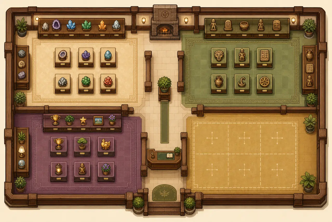 Top-down editorial diagram showing mineral, artifact, reward, and open museum layout zones
