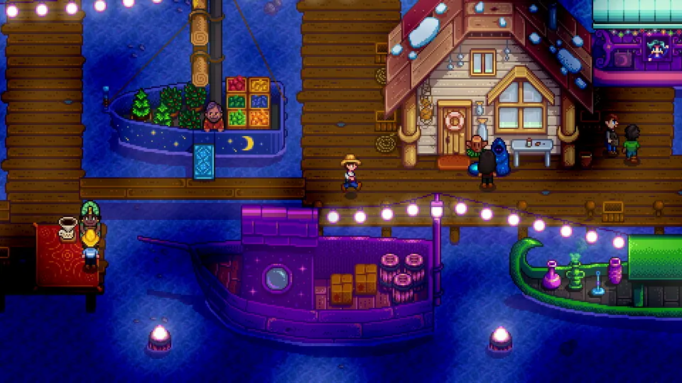 Official Stardew Valley Night Market screenshot with boats, vendors, and the player