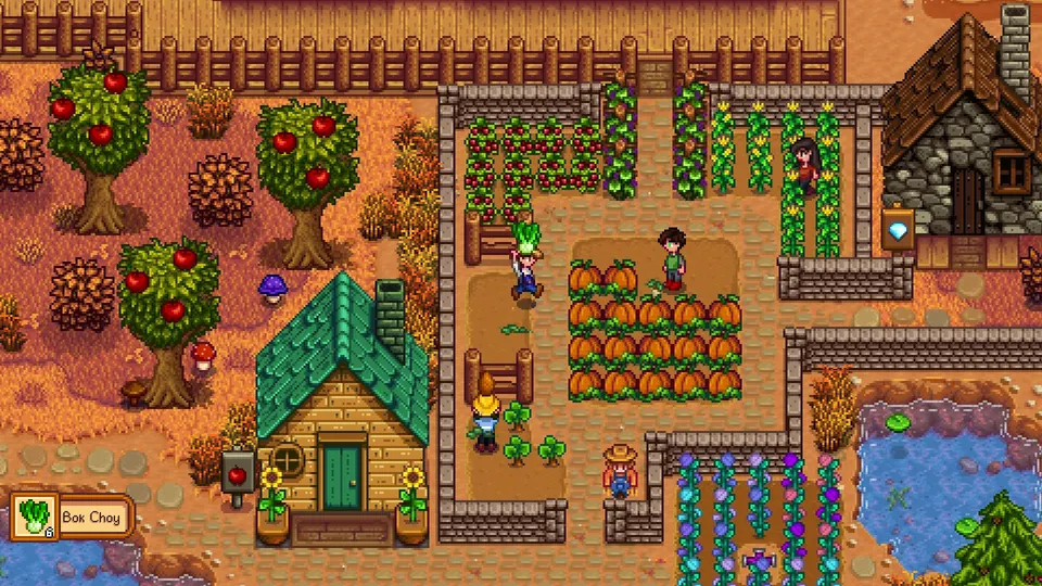 Official Stardew Valley multiplayer screenshot with several farmers working on a shared farm