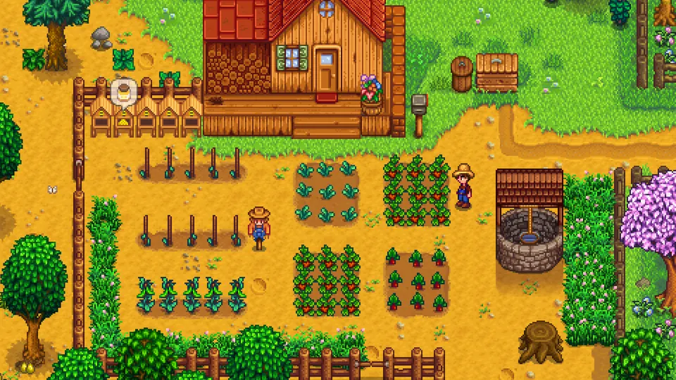 Official Stardew Valley farm screenshot showing crops, tools, buildings, and two farmers